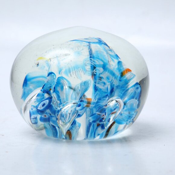 Vintage Art Glass Paperweight Blue Swirl Blue White Orange Retro Clear - Picture 8 of 9